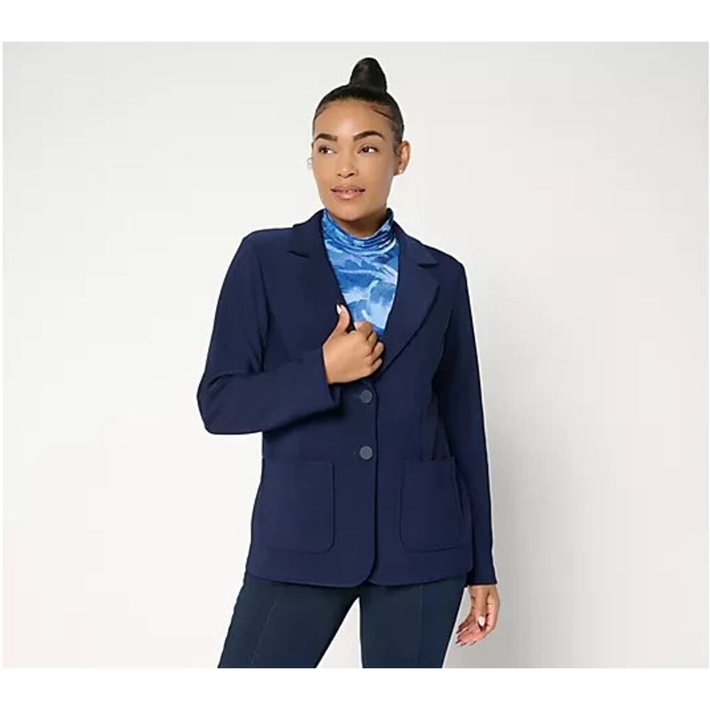 Susan Graver Brushed Back LK Fusion Notch Collar Blazer Navy Petite 1X A706768